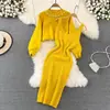 Vestido de Tricô Socialite Spice Girl Outono e Inverno Novo Gola Redonda Cintura Alta Manga Curta Bufante Conjunto de Duas Peças Saia Lápis