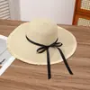 Sombrero de sol de paja de ala ancha deshilachado estilo francés para mujer con cinta de lazo, sombrero de paja para vacaciones en la playa, sombrero de protección solar, venta al por mayor