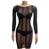 Lencería Erótica Europea Bodysuit Negro de Malla Fina Transparente Falda Corta de Red para Citas de Hotel Sexy Hueco