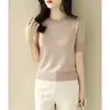Verão Branco usar curto gola redonda meia alta solto modelador manga curta camiseta malha feminina novo top básico