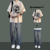Camiseta de manga corta Traje de verano para hombre Ins Marca de moda Camiseta de algodón puro Colocación Jeans de moda Conjunto guapo para niños