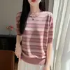 Camiseta Malha Tencel Listrada Floral Gola Redonda Nova Verão 2026 Transfronteiriça para Mulheres, Fina Curta Solta Manga Curta