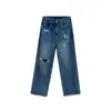 Jeans Azules Rectos Rasgados para Mujer, Nuevo Estilo Verano 2026, Tallas Grandes de Cintura Alta Elásticos Adelgazantes Cropped de Pierna Ancha