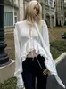 Moda transfronteriza europea y americana para mujer, otoño, nueva blusa de gasa de color liso con volantes y corbata con cintas elegantes, top ligero