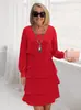 2025 Moda Outono Comércio Exterior Amazon Vestido Bolo Feminino Elegante Solto Emagrecedor Gola Redonda Manga Longa