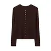Nuevo cárdigan de punto para mujer otoño/invierno 100% lana fina con cuello redondo, mangas largas, puños de color contrastante y un top de cachemira hueco