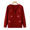 Cardigã de tricô para mãe com decote coração, roupa de outono para mulheres de meia-idade e idosas, suéter de avó de manga comprida, suéter solto para primavera e outono para senhoras idosas