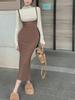 Traje de vestido cálido de terciopelo alemán para otoño e invierno Conjunto de dos piezas para mujer Estilo Spice Girls Cintura ceñida Cadera ajustada Falda de cola de pez de longitud media