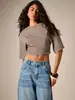 Camiseta corta a rayas Y2K transfronteriza europea y americana más vendida para mujer, corte holgado, adelgazante, cuello redondo, manga media, estilo casual y cropped