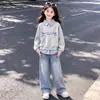 Estilo Coreano Versátil Moderno Bloque de Color Rayas Patchwork Cuello Polo Falso Dos Piezas Top Conjunto de Pantalones Vaqueros Estilo Coreano