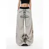 Pantalones de Verano con Estampado de Letras Retro Americano, Rayas, Plisados, Forma de Cimitarra, Cordón, Holgados, Pierna Ancha, Casual