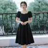 Vestido rojo con escote cuadrado y mangas abullonadas, vestido de compromiso, vestido de novia de longitud media, elegante vestido de dama para mujeres
