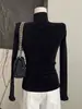 Impresionante Suéter de Cachemir Negro de Cuello Medio Alto para Mujer en Otoño e Invierno, Suéter Ajustado con Camiseta Base