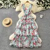 Vestido Floral Francês Estilo Princesa Doce para Mulheres, Vestido Longo de Verão com Decote V Sem Mangas de Cintura Alta em Linha A, Elegante Vestido para o Dia a Dia