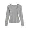 9170-Estilo Pura Pasión Camiseta Sexy de Moda con Cuello en U y Mangas Largas para Mujer 2025 Nueva Sexy Ajustada Camiseta Base Superior