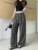 Pantalones casuales de verano para mujer de pierna ancha, tiro alto, estilo retro americano, a cuadros rectos, adelgazantes, versátiles, con cintura fruncida
