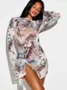 Vestido de malla retro con estampado animal, de manga acampanada y cordones laterales, vestido corto sexy para cubrir, superventas transfronterizo europeo y americano
