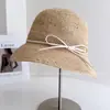 Sombrero de Pescador de Rafia Tejido a Crochet Hecho a Mano Estilo Muji para Mujer, Sombrero de Paja Transpirable de Verano con Protección Solar y Lazo de Cinta