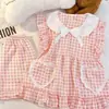 Pijama xadrez rosa de verão com gola de boneca de renda para mulheres, shorts de manga curta, conjunto estilo ins, macio e fofo, pode ser usado fora de casa como roupa de casa