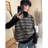 Chaleco cárdigan de punto casual retro a rayas blancas y negras para mujer, corte holgado, adecuado para usar en capas en primavera, otoño e invierno