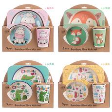 Conjunto de talheres infantis de fibra de bambu, anti-queda, desenho animado, tigela de arroz, garfo, colher, refeição infantil, prato dividido para bebê
