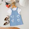 Conjunto de dos piezas de verano para niñas: Falda con Tirantes Estampado de Corazones y Camiseta de Manga Corta de Canalé, Conjunto Infantil Suministro al por Mayor
