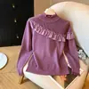 Novo Design de Gola Redonda Meia-Alta Tricô Outono e Inverno Moda Ruffle com Contas Top Básico