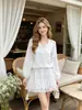 Vestido Longo de Manga Longa Azul Claro Bordado Vazado da Indústria Pesada Nanyou de Shenzhen, Vestido Curto Boêmio Emagrecedor para Férias