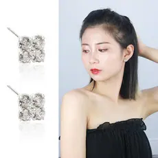 925纯银针韩国女耳饰四颗锆石耳钉小众设计高级感耳环百搭超闪