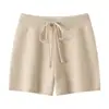 Shorts de tricô de caxemira com cintura elástica e cordão, espessos, de cinco agulhas, para mulheres, cor sólida, soltos, casuais, versáteis, calças retas de comprimento três quartos
