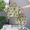 Traje de dos piezas de algodón para bebé, de manga corta, con estampado completo de dibujos animados y gofres, de Doby Children's Wear, para verano