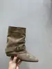 Botas curtas de camurça cáqui estilo retrô Chuyuji para mulheres, botas estilo francês, design de nicho de outono, botas western com salto bloco