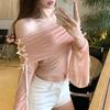 [Venta al por mayor transfronteriza] Camiseta Negra de Manga Larga para Chica Popular, Top Corto Ajustado con Tira de Malla y Lazo