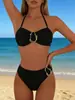Traje de baño bikini de dos piezas con cuello halter para mujer con decoración de hebilla metálica, parte inferior de natación de cintura alta, traje de baño sexy para fotos de vacaciones en la playa