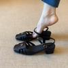Zapatos Romanos Huecos Transpirables de Tacón Grueso Negro para Mujer con Punta Cuadrada Sandalias Retro Camelia