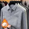 Suéter Masculino de Inverno 2026 Falso Duas Peças Aveludado Espesso Tricô de Veludo Integrado Camada Base Térmica Camisa Polo