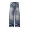 Jeans Americano Retrô Lavado High Street para Homens, Estilo Punk Dad, Perna Reta, Perna Larga, Desgastado, Bainha Desfiada, Calça Longa de Perna Reta