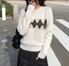 Suéter pullover redondo com padrão Fair Isle argyle transfronteiriço para mulheres, novo estilo casual de outono e inverno, malha slim fit e estilosa