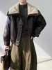 Jiangzuo Lã de Cordeiro Marrom Gola Grande de Pelo Couro PU Inverno Espessado Quente 90 Penugem de Pato Branco Jaqueta Estilo Popular Quente 1716