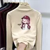Top estiloso de outono para meninas, de veludo alemão dupla face, com babados, camada base, gola alta discreta, para crianças mais velhas, peça externa casual e quente