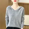 Sudadera con capucha de punto de otoño e invierno 100% lana de alta gama lista para usar, suéter con capucha suelto y suave, sudadera básica para mujer