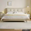 Cama de tecido acolchoado cor creme com cabeceira fina, cama de casal simples e moderna de 1,8m para quartos principais e de hóspedes, de alta qualidade e elegante com armazenamento, cama de casamento