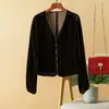Elegante Chaqueta de Terciopelo Negro para Mujer, Nueva Moda Otoño/Invierno 2026, Elegante y de Alta Gama, Cárdigan de Manga Larga