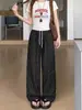 Pantalones a cuadros blancos de cintura suelta estilo coreano para mujer, pantalones de pierna ancha con cordón de verano, pantalones rectos casuales versátiles simples de largo completo