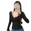 898 Estilo Deseo Puro Camiseta de Manga Larga con Canalé Vertical para Chica Caliente Nueva Ajuste Slim Cubre ligeramente Transparente Sexy Única Top Delgado