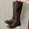 Outono/Inverno 2025 Novo Estilo Zíper nas Costas Vintage Bico Redondo Desgastado Cano Alto Emagrecedor Botas Longas Femininas Versáteis Botas de Equitação com Solado Grosso