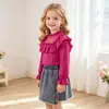 Conjunto de Dos Piezas de Otoño para Niños: Conjunto de Top de Malla para Niña con Cuello Alto, Volantes y Mangas Largas, con Falda de Mezclilla Botonada y Flecos
