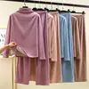 Nuevo conjunto de capa base cálida de otoño e invierno cepillada y engrosada con cuello semialto para mujer, con camiseta de manga larga y conjunto de dos piezas de forro polar térmico