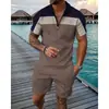 Comercio Transfronterizo Moda Tallas Grandes Cremallera Malla Camisa Polo Traje Impresión Digital 3D Ajustado Conjunto de Dos Piezas para Hombre