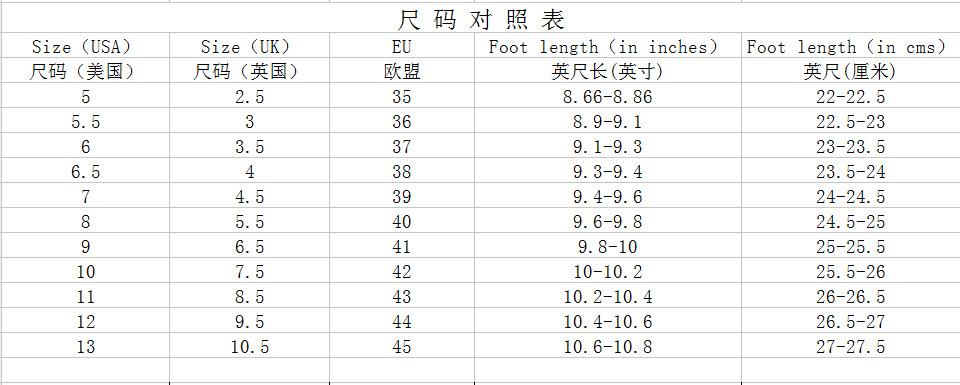 2019尺码表